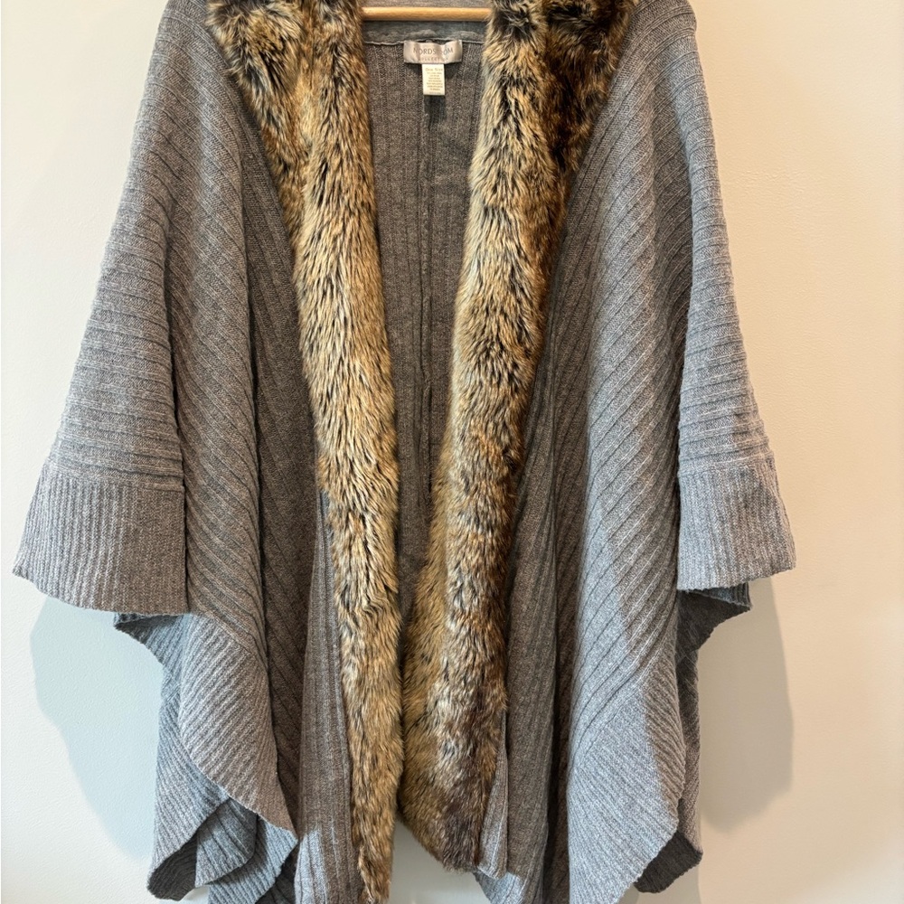 Nordstrom Gray Cape with Mixed Brown Faux Fur Trim